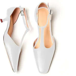 Women's Vintage White Matte Leather Square Toe T-Strap Kitten Heel Pumps Shoes