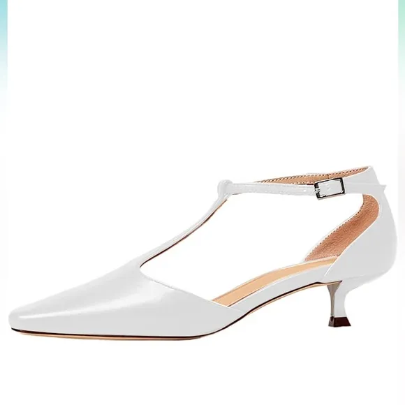 Women's Vintage White Matte Leather Square Toe T-Strap Kitten Heel Pumps Shoes