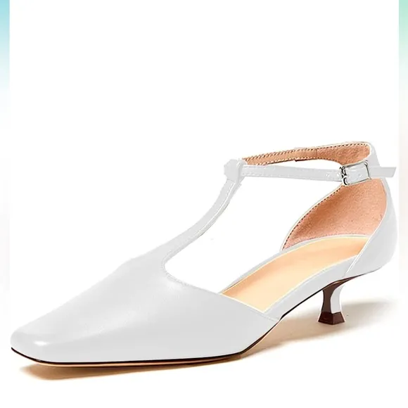 Women's Vintage White Matte Leather Square Toe T-Strap Kitten Heel Pumps Shoes