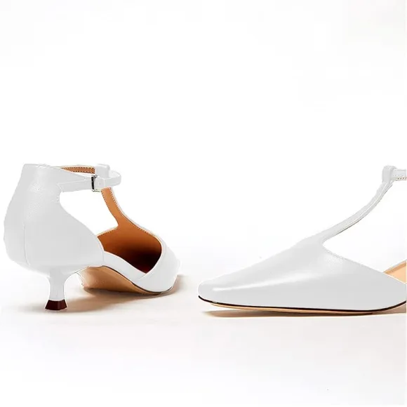 Women's Vintage White Matte Leather Square Toe T-Strap Kitten Heel Pumps Shoes