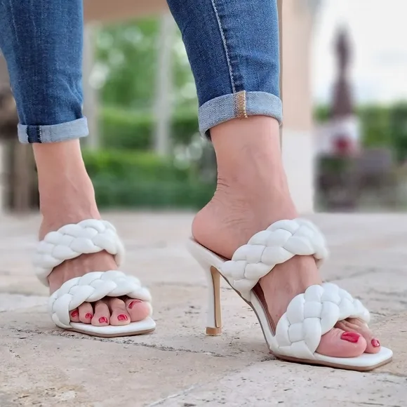 Women's White Double Braided Square Toe Mule Sandal