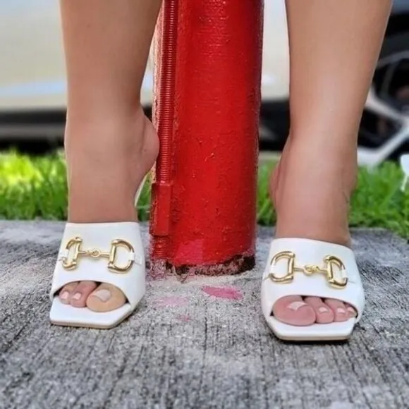 Women's White Open Square Toe‎ High Mule Sandals
