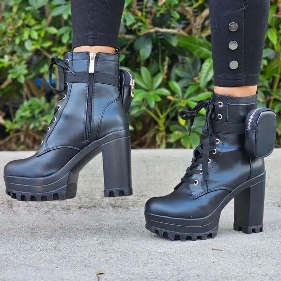 Women's Black Block Heel Lace Up Botties