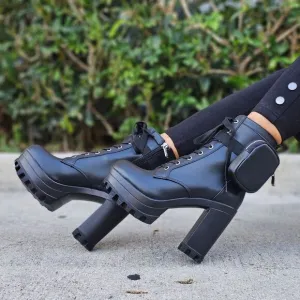 Women's Black Block Heel Lace Up Botties