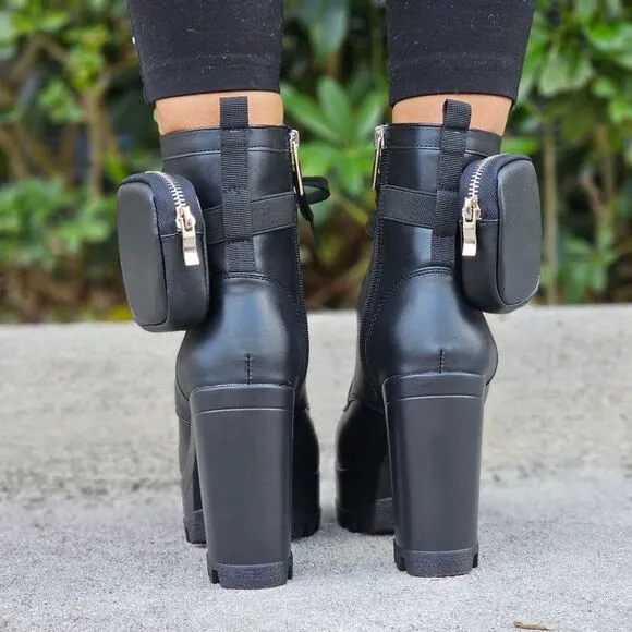 Women's Black Block Heel Lace Up Botties
