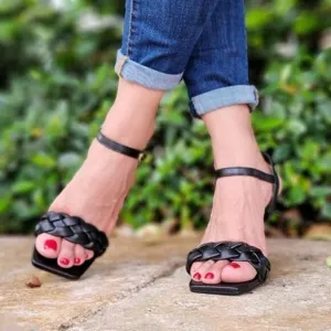 Women's Black Braided Single Band Ankle Strap Sandals