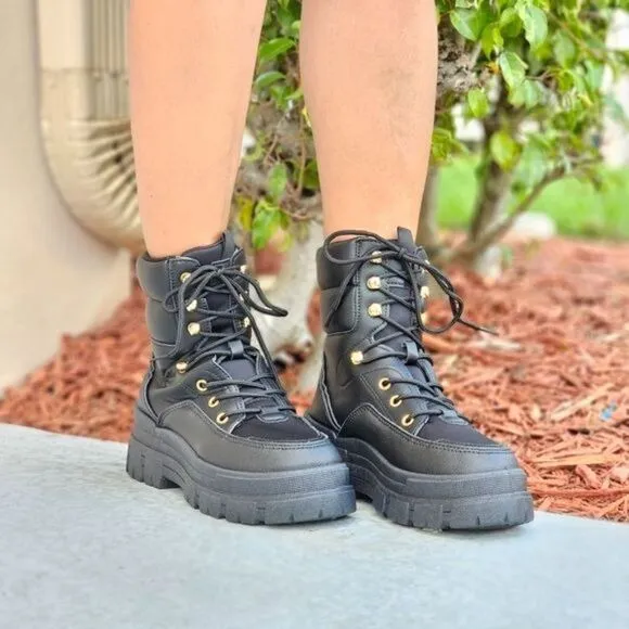 Women's Black Chunky Block High Heel Ankle Combat Booties