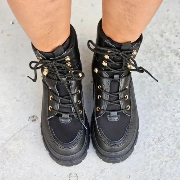 Women's Black Chunky Block High Heel Ankle Combat Booties