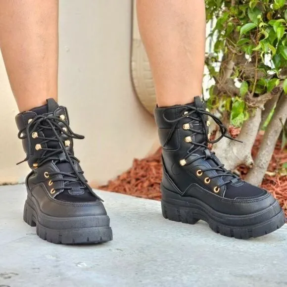 Women's Black Chunky Block High Heel Ankle Combat Booties