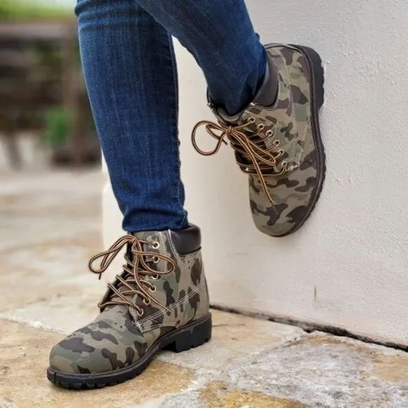 Women's Camouflage Combat Lace-up Ankle Boots Low Heel
