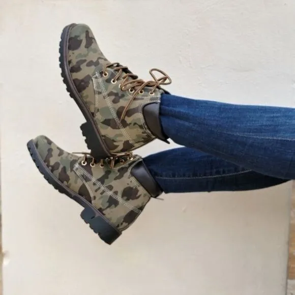 Women's Camouflage Combat Lace-up Ankle Boots Low Heel