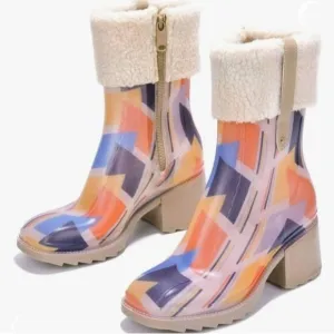Womens Chunky Block Heel Ankle Boots Print Color