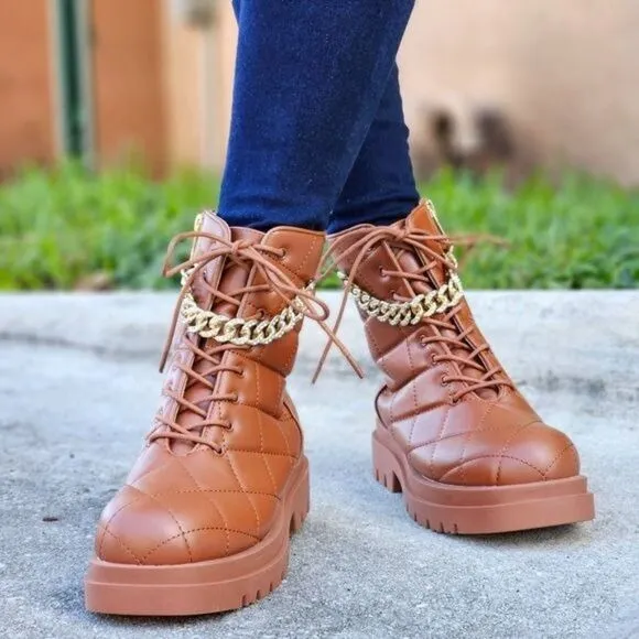 Womens Chunky Block Heel Ankle Combat Boots Brown Color