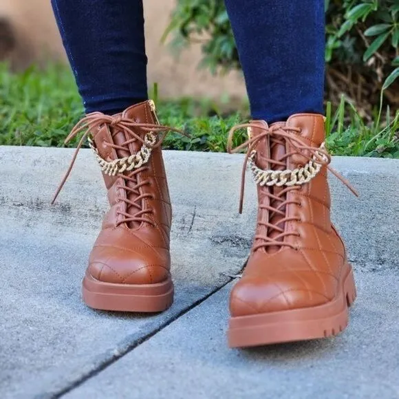 Womens Chunky Block Heel Ankle Combat Boots Brown Color