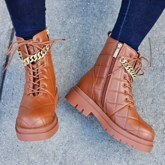 Womens Chunky Block Heel Ankle Combat Boots Brown Color