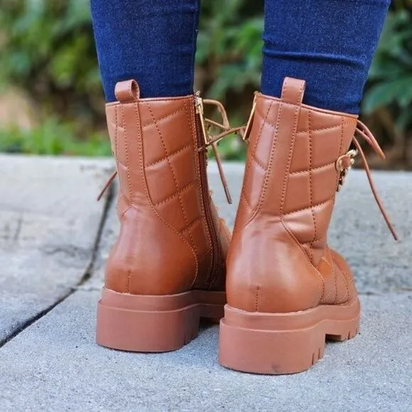 Womens Chunky Block Heel Ankle Combat Boots Brown Color