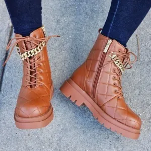 Womens Chunky Block Heel Ankle Combat Boots Brown Color