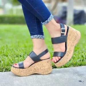 Women's High Platform Ankle Strap Wedge Black Color