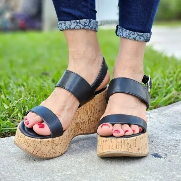 Women's High Platform Ankle Strap Wedge Black Color