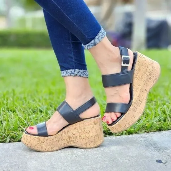 Women's High Platform Ankle Strap Wedge Black Color