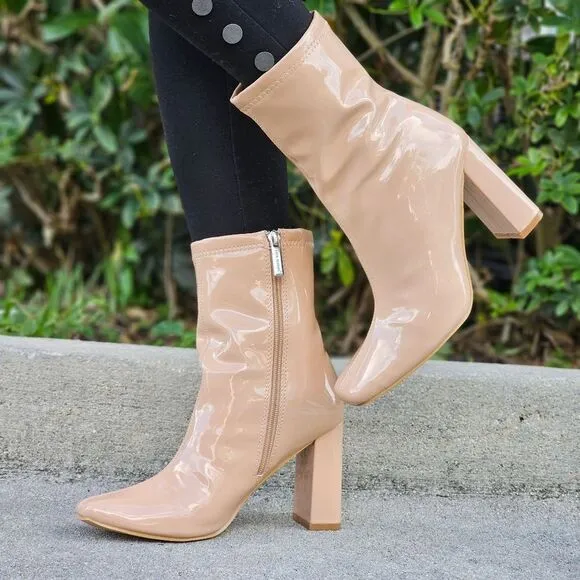 Women's Nude Chunky Heel Ankle Booties