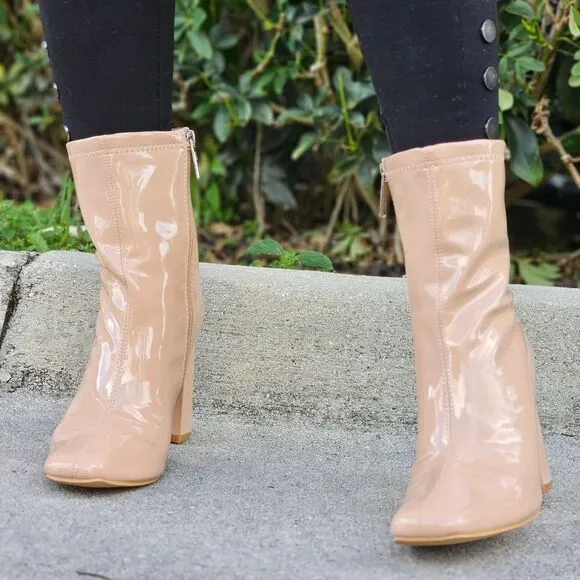 Women's Nude Chunky Heel Ankle Booties
