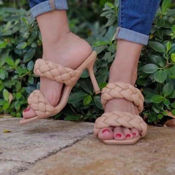 Women's Nude Double Braided Square Toe Mule Sandal