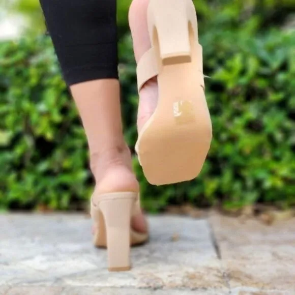 Women's Nude Square Toe Ring Strappy Heel Sandals