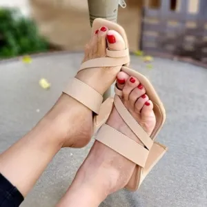 Women's Nude Square Toe Ring Strappy Heel Sandals