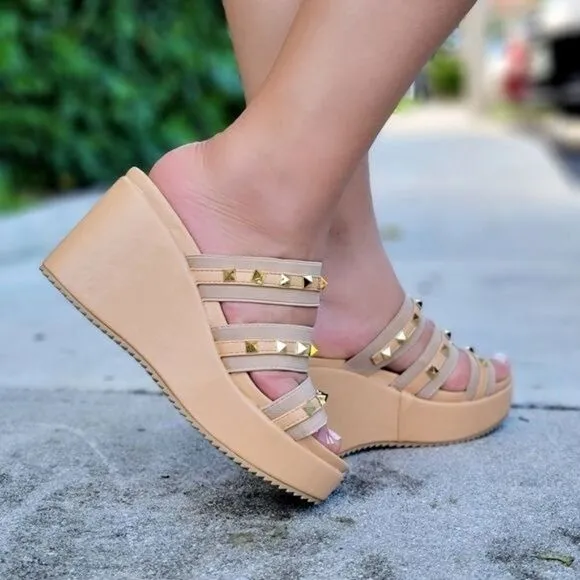 Women's Nude Studded Wedge Open Toe Sandals