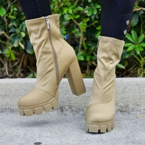 Women's Platform Ankle Chunky Heel Boots Taupe Color