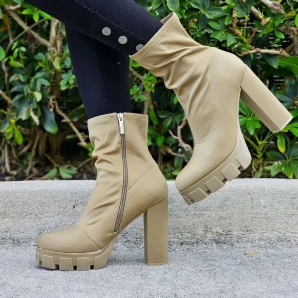 Women's Platform Ankle Chunky Heel Boots Taupe Color