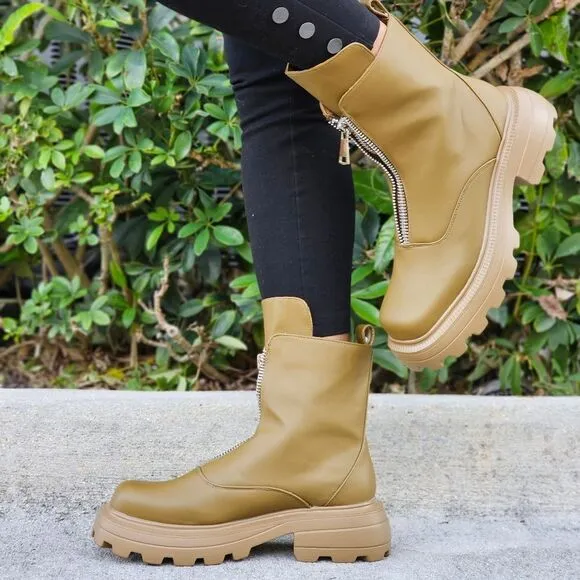 Womens Platform Combat Ankle Boots Olive Color