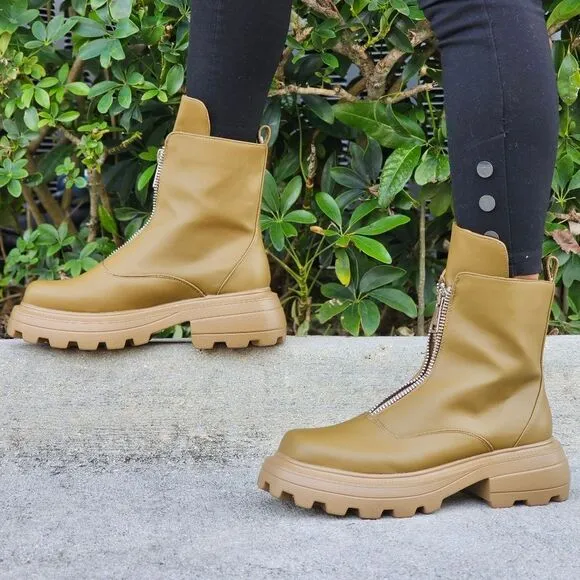 Womens Platform Combat Ankle Boots Olive Color