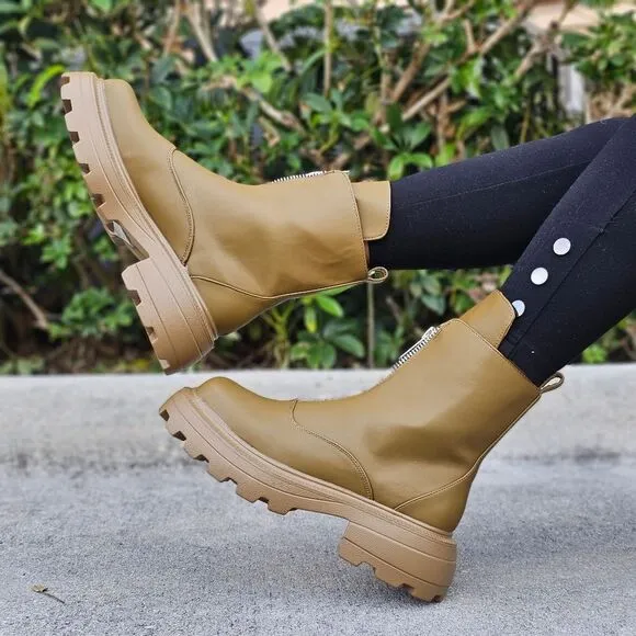 Womens Platform Combat Ankle Boots Olive Color