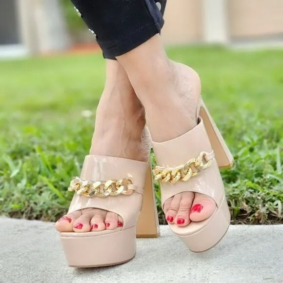 Women's Platform Heeled Mule Open Loafers Nude Color Patent