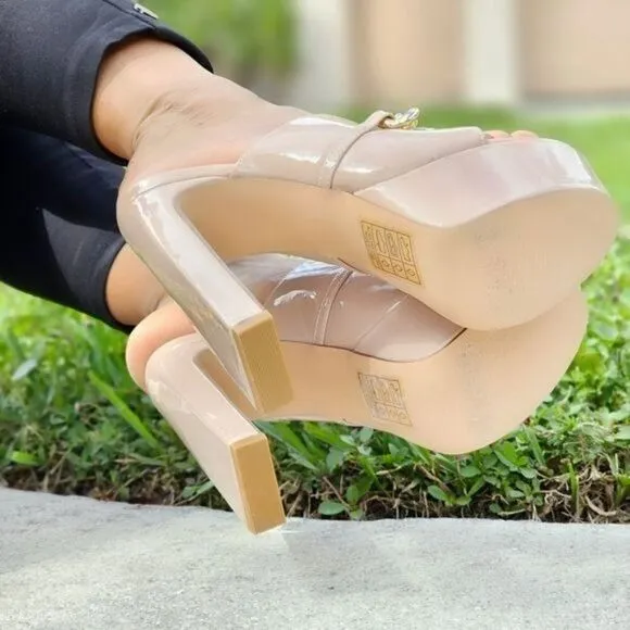Women's Platform Heeled Mule Open Loafers Nude Color Patent