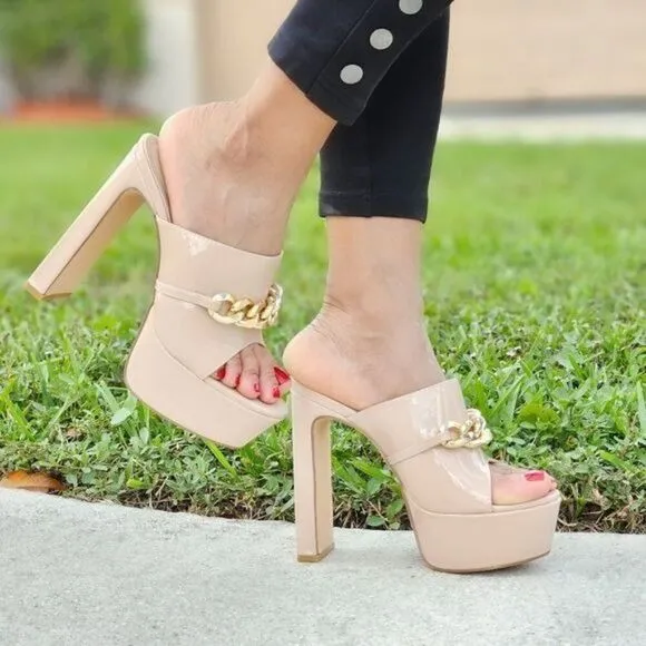 Women's Platform Heeled Mule Open Loafers Nude Color Patent