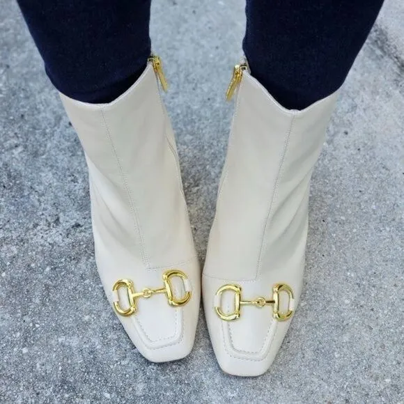 Women Square Toe Chain Bit Buckle Block Heel Bootie White Color