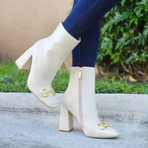 Women Square Toe Chain Bit Buckle Block Heel Bootie White Color