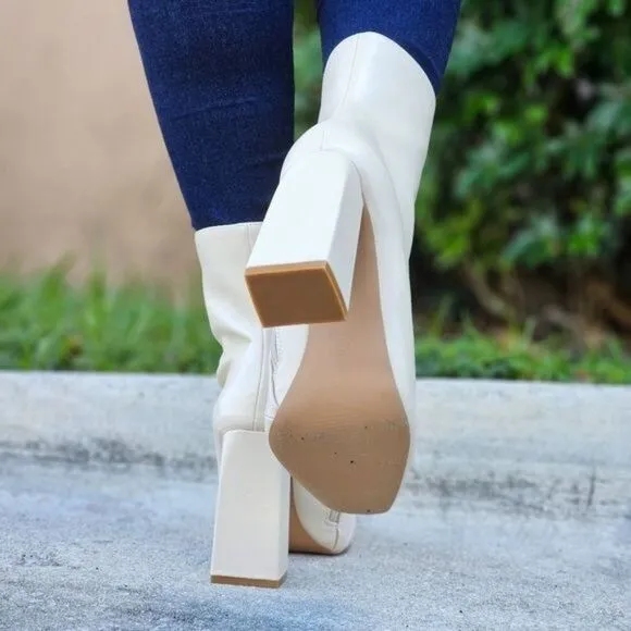 Women Square Toe Chain Bit Buckle Block Heel Bootie White Color