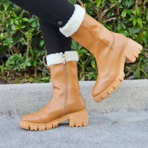 Women's Sherpa Faux Fur Ankle Boot Tan Color
