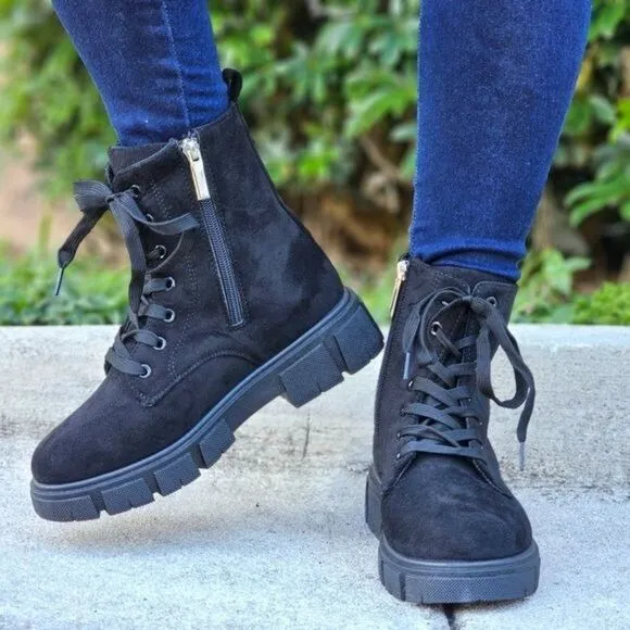Womens Suede Combat Ankle Boots Lace Up Heeled Black Color