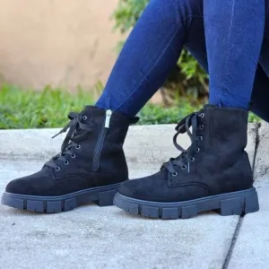Womens Suede Combat Ankle Boots Lace Up Heeled Black Color