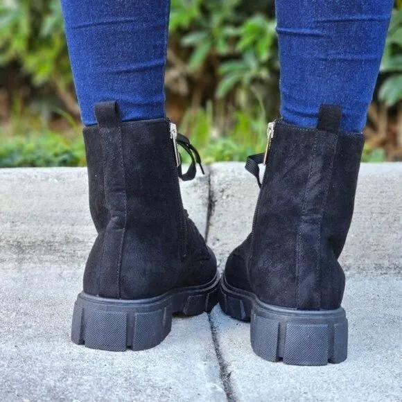 Womens Suede Combat Ankle Boots Lace Up Heeled Black Color