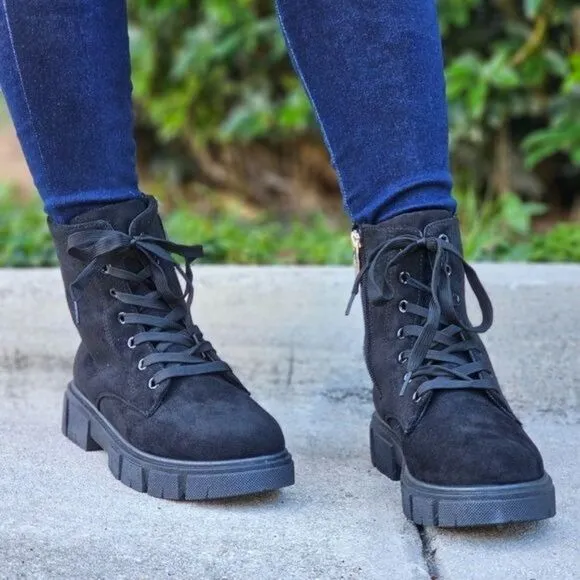 Womens Suede Combat Ankle Boots Lace Up Heeled Black Color