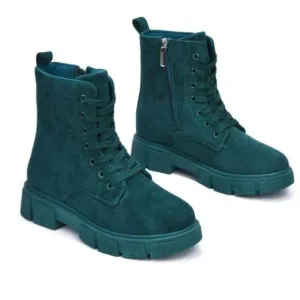 Womens Suede Combat Ankle Boots Lace Up Heeled Teal Color