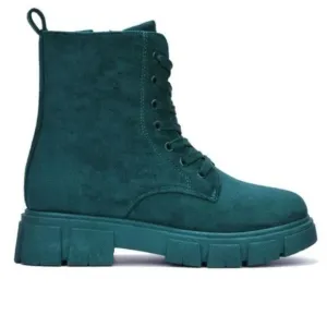 Womens Suede Combat Ankle Boots Lace Up Heeled Teal Color