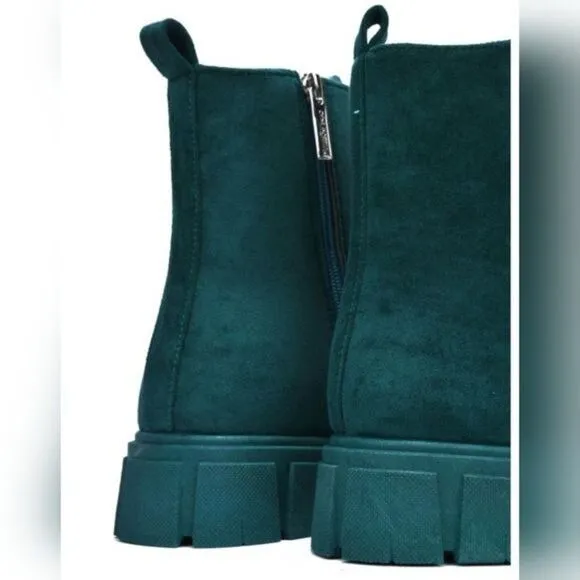 Womens Suede Combat Ankle Boots Lace Up Heeled Teal Color