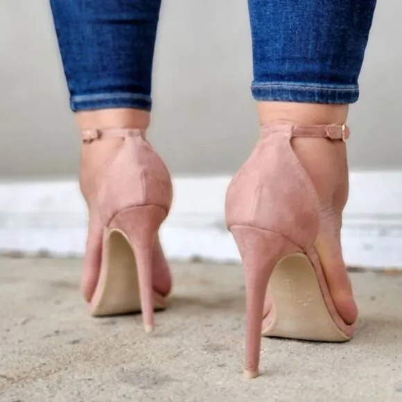 Women's Suede Strappy Ankle High Heel Sandals Blush Color